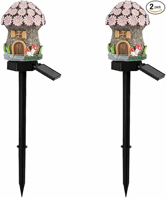 Solar Garden Lights Outdoor, 2 Pack Decorative Solar Flower Cottage Pathway Lights Waterproof, Resin Fairy Garden Lights for Yard Lawn Patio Decor