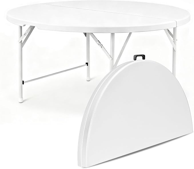 Athena Collection 5ft Folding Table, Portable Plastic Round Table Foldable Card Desk, Indoor Outdoor Collapsible Craft Desk Dining with Lock & Handle for Commercial Party Camping, White Legs