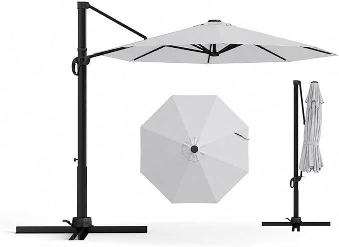 9 FT Round Cantilever Umbrella,Easy Tilt, Fade Resistant & 360° Rotation, Offset for Pool Deck Backyard Patiolight gray (Base not Included)