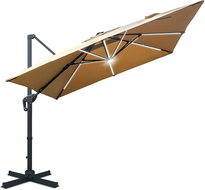 Sunnyglade 10x10ft Solar Powered LED Cantilever Patio Umbrella Square Deluxe Offset Umbrella 360°Rotation & Integrated Tilting System & LED lights for Market Garden Deck Pool Backyard Patio