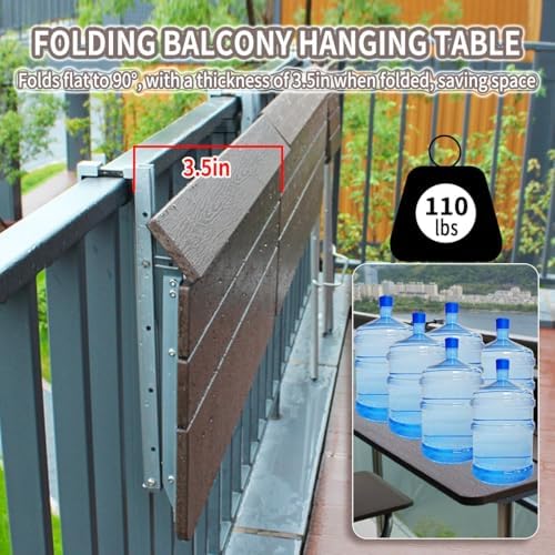 Adjustable Brown Balcony Bar Table for Railings, Folding Hanging Patio Table, Weather-Resistant Aluminum Side Table for Indoor/Outdoor Use (31.5x14.6in)
