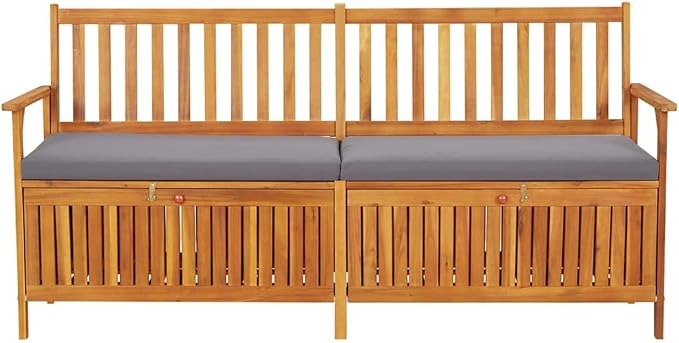 Patio Storage Bench with Gray Cushion, Outdoor Wooden Deck Box, Solid Wood Patio Furniture for Outdoor Cushions, Pool Storage and Garden Tools, 66.9"x24.8"x33.1", -335