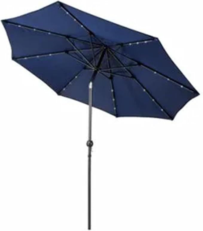 Four Seasons Courtyard 9 Foot Polyester 2 Section Steel Pole Outdoor Patio Market Umbrella with Open Tilt System and LED Lights on 8 Steel Ribs, Navy