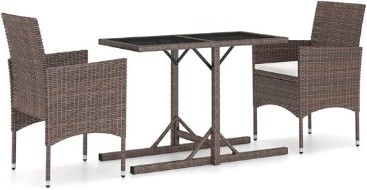 3 Piece Garden Dining Set Brown Cream White Poly Rattan Powder-Coated Steel Glass Outdoor Furniture Set for Patio Conversation