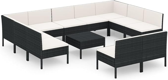 12 Piece Patio Lounge Set with Cushions,Patio Sofa,Outdoor Daybed,Patio Seating,Outdoor Furniture Sets,Patio Conversation Sets,Modern Set,Outdoor Patio Chairs,Patio Furniture Set, Poly Rattan Black