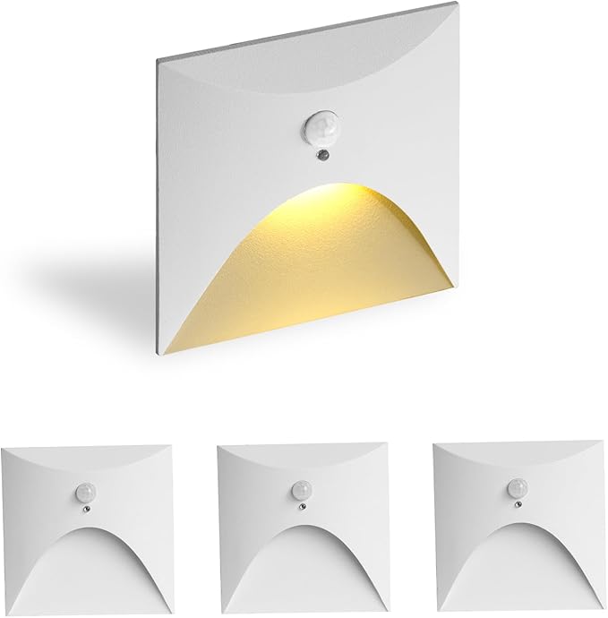 FVTLED 4 Pack Motion Sensor LED Step Lights, 3W AC 85-265V Stair Lights Indoor Outdoor, 3000K Warm White, Arc Design, IP44 Waterproof Staircase Lighting-White Shell