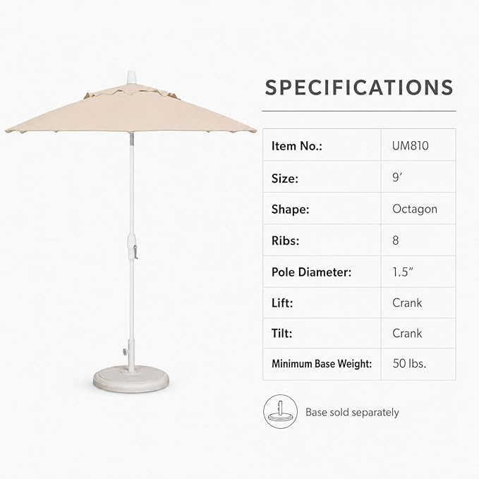 Treasure Garden 9ft Patio Umbrella - Outdoor Furniture Market Umbrella – Deluxe Auto-Tilt – White Aluminum Frame (Sunbrella, Natural)