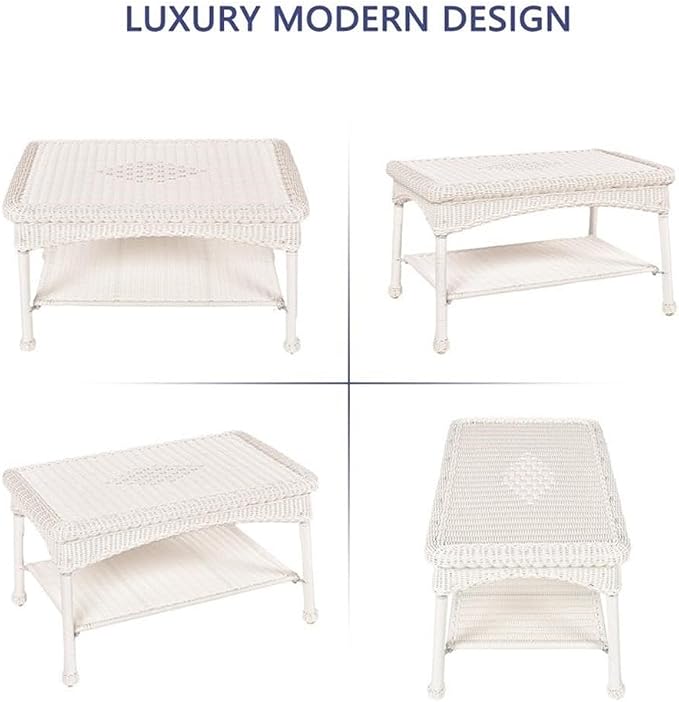 Pemberly Row Wicker Patio Coffee Table, 30" W x 18" D x 17" H, All-Weather Resin Surface, UV-Resistant, White Finish, Steel Frame, Lower Shelf, Durable Outdoor Table for Patio or Garden Use