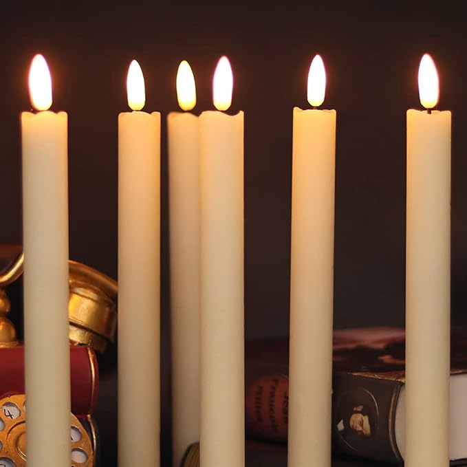 Wondise Flickering Taper Candles with Timer and Remote, 9 Inch Battery Operated 3D Wick Real Wax Ivory Candles for Wedding Party Christmas Decoration, Set of 6(D0.8 x H9.6 Inch)