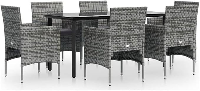 Afuera Living Contemporary 7 Piece Garden Dining Set, Poly Rattan, Gray Finish, Includes Tempered Glass Table and 6 Cushioned Chairs, Weather-Resistant, Outdoor Patio Furniture for Garden or Balcony