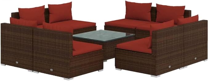 9 Piece Patio Lounge Set with Cushion, Outdoor Patio Sectional Furniture Conversation Sets Patio Lounge Set Piece Patio Set s Poly Rattan Brown