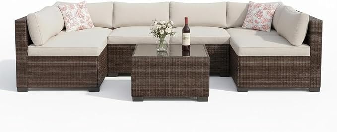 Litake 7 Piece Patio Furniture Sets, Iron Frame with Gradient Wicker, Soft Cushions, Modular Outdoor Conversation Furniture for Garden, Backyard & Patio
