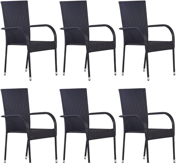 BOWERY HILL 7-Piece Solid Acacia Wood Patio Dining Set, Black Finish, Includes Table and Stackable Chairs, PE Rattan, Durable Modern Design for Garden, Terrace, Indoor or Outdoor Dining Use