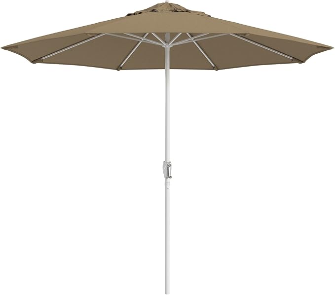 California Umbrella 12-Year Protection 9-Ft Outdoor Patio Umbrella, Sunbrella Fade-Resistant Fabric, Auto-Tilt, Heavy Duty Aluminum Frame, 8 Reinforced Ribs for Pool or Deck, White Pole, Linen Sesame