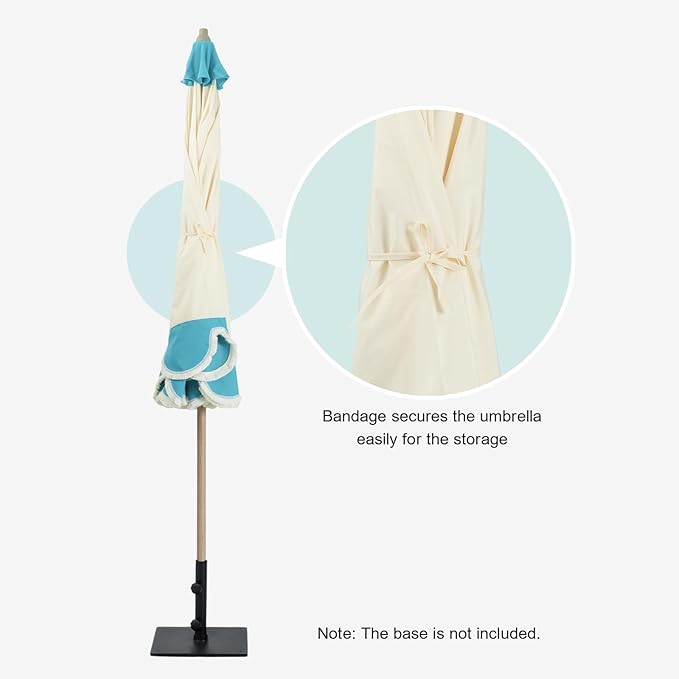 Tempera 9ft Scalloped Beige Spliced Blue Patio Umbrellas with Fringe, Market Umbrellas with Water-Resistant and Fade Resistant Canopy, 1.5" Wood Pole & Button Tilt