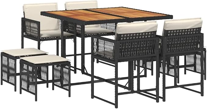 9-Piece Garden Dining Set, Black PE Rattan Patio Furniture for 8 with Cushions, Space-Saving Foldable Outdoor Dining Table and Chairs with Acacia Wood for Backyard Deck and Porch