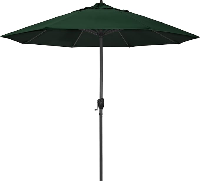 California Umbrella 12-Year Protection 9' Rd Aluminum Patio Umbrella, Crank Lift, Auto Tilt, Black Finish, Sunbrella Forest Green