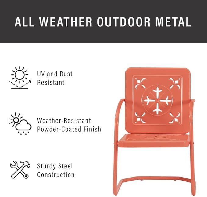 Crosley Furniture Azalea 3-Piece Vintage Outdoor Chair and Side Table Set, Retro Metal Patio Conversation Sets, Coral Gloss