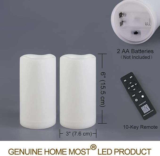 Pack of 2 White 3x6 LED Pillar Candles Outdoor IP65 Waterproof - Pillar Candles Battery Powered with Timer and Remote - Battery Operated Unscented Outdoor Flameless Candles Flickering