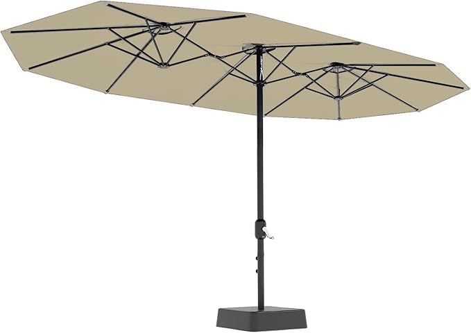GarveeLife 15 ft Large Patio Umbrella with Base Included, Double-Sided Outdoor Market Rectangle Umbrellas Oversized Shade for 2-8 People, Weighted Base for Pool, Deck, Backyard (Beige)