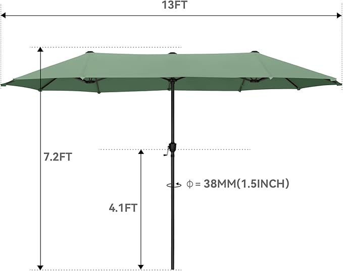 GREEN PARTY 13ft Rectangle Patio Umbrella, Double Sided Outdoor Table Umbrella with Crank & 1.5" Pole, Large Market Umbrella for Poolside Garden Deck Backyard, Mint