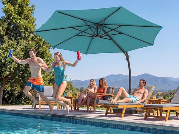 LAUSAINT HOME 11FT Curvy Cantilever Patio Umbrella with Base, 360° Rotation Offset Outdoor Umbrella, Heavy Duty Hanging Umbrella for Backyard, Pool, Garden（Turquoise Blue）