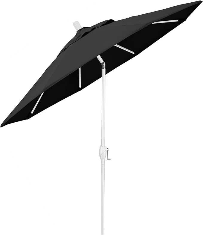 California Umbrella 7.5' Round Aluminum Market Umbrella, Crank Lift, Push Button Tilt, White Pole, Black Olefin