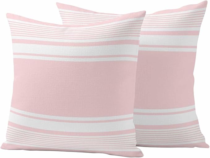 Outdoor Waterproof Throw Pillow Covers, Pink Striped Decorative Pillow Cases, Modern Color Block Farmhouse Stripes Couch Pillow Protector Patio Sofa Cushion Covers Replacement 26"x26" 2 Pack