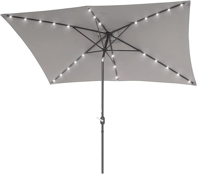 Rectangle Patio Umbrella with Solar Lights, 10 x 6.5ft Rectangular Outdoor Umbrella Table Market Patio Umbrella with Push Button Tilt and Crank for Garden, Deck, Backyard, Pool