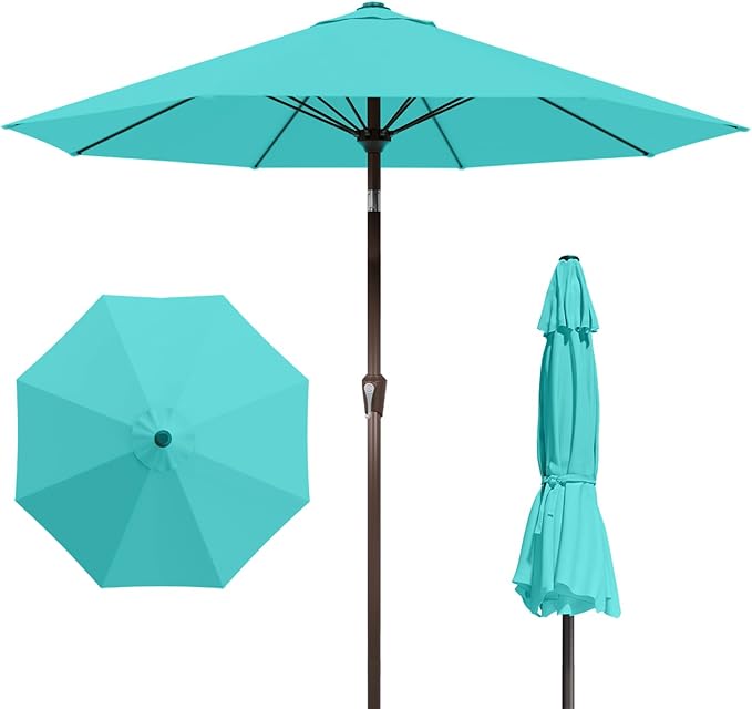 9FT Patio Umbrella with Fiberglass Ribs, Outdoor Market Table Umbrella with Crank and Tilt, UV Resistant Waterproof Canopy for Patio, Garden, Deck, Pool, Aqua Blue