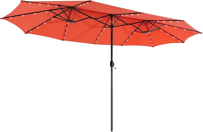 Giantex 15 FT Double Patio Umbrellas with 48 Solar LED Lights, Auto-Charging Panel, Crank System, Outdoor Extra-Large Rectangle Market Table Umbrella for Garden Deck Backyard Beach Pool
