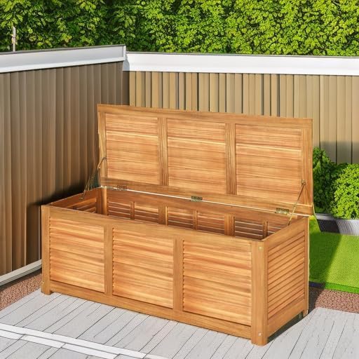 Byroce 46 Gallon Acacia Wood Deck Box, Outdoor Storage Bench for Patio | FSC acacia wood, teak oil finish, 46 gallon, 355 lbs, shutter front, metal hinges, ventilated slat sides, for patio garden