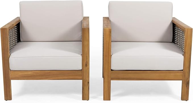 Merax Outdoor Patio Club Chairs,Set of 2,Acacia Wood Frame Conversation Set with Wicker Accents for Porch,Casual Style