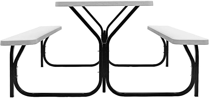 S AFSTAR Picnic Table Bench Set, 59” Expanded Rectangular Picnic Table, Outdoor Table and Bench W/Steel Frame & Wood-Like Texture Tabletop, Camping Table Chair Set for Garden Patio Lawn Deck (White)