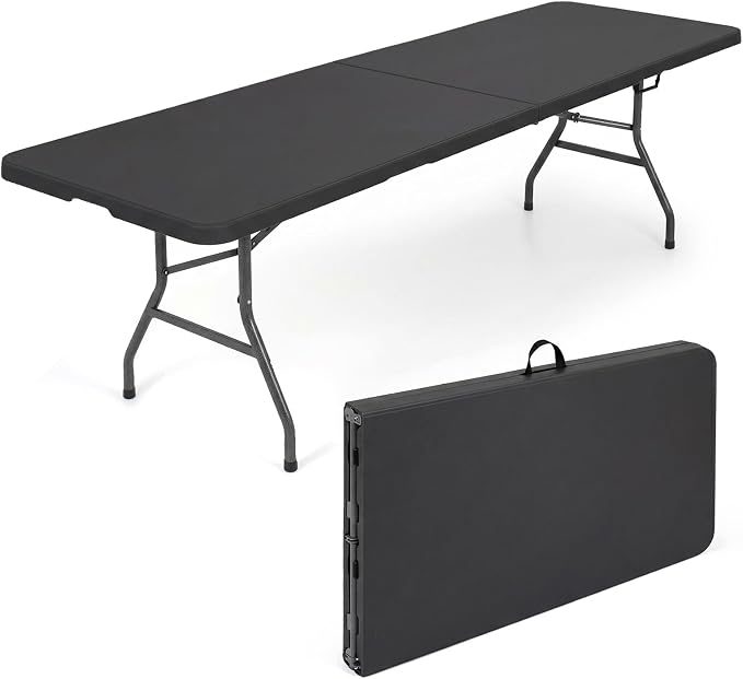 Goplus 8ft Plastic Folding Table, 350 LBS Outdoor Heavy Duty Folding Tables with HDPE Tabletop, Handle, Lock, Foldable Rectangle Portable Utility Card Table for Picnic, Party, Camping, Dining