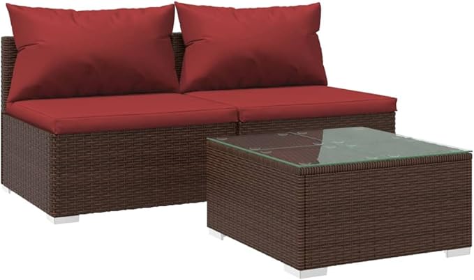 3 Piece Patio Lounge Set with Cushion, Furniture Conversation Sets Patio Lounge Set Piece Patio Set Outdoor Patio Sectional s Poly Rattan Brown