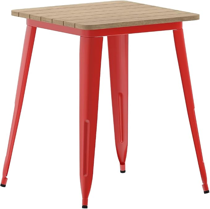 Flash Furniture Declan Commercial Outdoor Dining Table, All Weather Poly Resin Top with Steel Base, 23.75" Square, Brown/Red