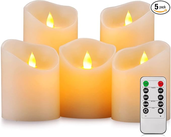 Enpornk Flameless Candles, Flickering Moving Flame LED Candles Set of 5 (Size: D: 3" x H: 4"/4"/4"/6"/6") Pillar Realistic Real Wax Battery Operated Candles with Remote Control 2 4 6 8 Hours Timer