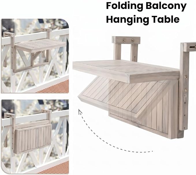 Acacia Wood Balcony Hanging Table – 1PCS Stable Fixed Outdoor Railing Table – Weather-Resistant White Finish – Adjustable Mounting for Small Balcony, Patio, and Porch – Heavy-Duty Deck Side Table