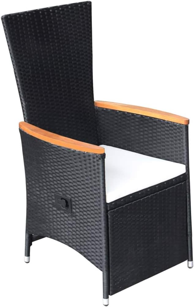 7-Piece Black PE Rattan Patio Dining Set with Cushions | Features 1 table and 6 reclining chairs with acacia wood accents, designed for backyard, deck, and porch family meals.