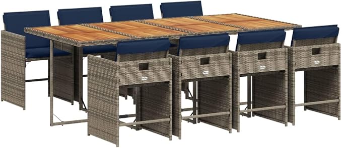 9 Piece Outdoor Dining Set with Cushions Grey Poly Rattan for Patio Garden Backyard, Space-Saving Folding Chairs, Acacia Wood Table, Weather-Resistant