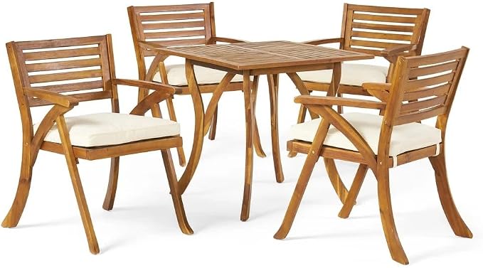 Merax 5 Piece Outdoor Dining Set for 4, Hermosa Acacia Wood Teak Finish Square Table and 4 Chairs with Beige Cushion