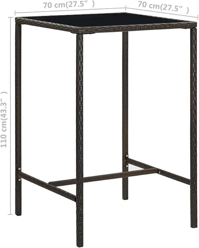 Outdoor Bar Table 27.6 x 27.6 x 43.3 inch Brown PE Rattan Patio Bistro Cocktail Table with Tempered Glass Top and Steel Frame Weather-Resistant for Garden Balcony Backyard Porch