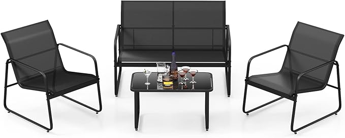 Tangkula 4 Pieces Patio Furniture Set, Outdoor Conversation Set with Tempered Glass Coffee Table, Outdoor Garden Porch Furniture Set with Breathable Fabric and Rustproof Metal Frame (1, Black)
