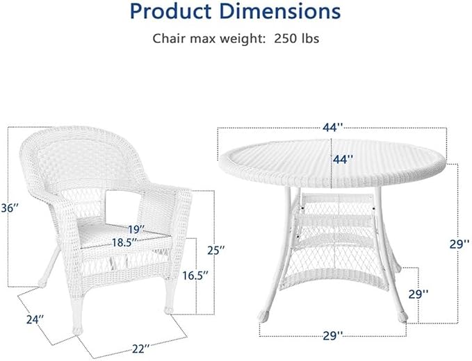 Pemberly Row 5-Piece Resin Wicker Outdoor Patio Dining Set, White Finish, Includes 4 Chairs and 1 Table, Steel Frame, All-Weather Fade-Proof Wicker, Durable Design for Deck, Patio, or Poolside Use
