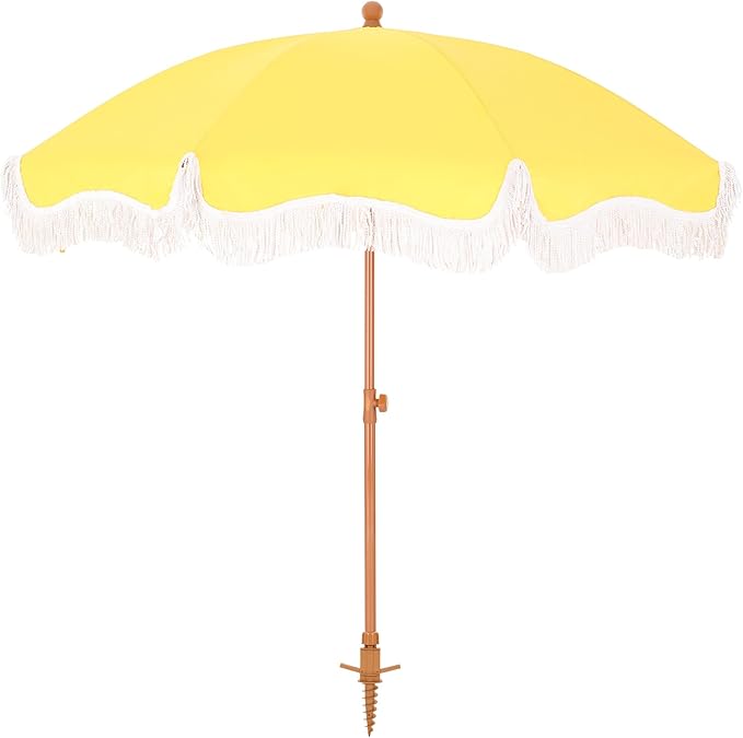 HERA'S PALACE 7ft Heavy Duty Beach Umbrella with Sand Anchor, Fringe Umbrella for Sand, UV 50+, Patio Umbrella with Tilt Pole for Garden Pool Backyard