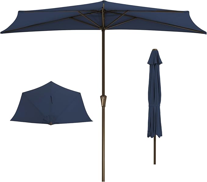 JEAREY 9ft Half Umbrella Outdoor Patio Umbrella Market Umbrella with Crank, 1/2 Round Wall Umbrella 5 Sturdy Ribs UV Protection for Pool Garden Balcony Deck, Dark Blue