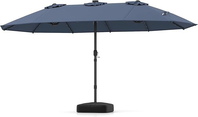 Tangkula 15 FT Double-Sided Patio Umbrella with 48 Solar LED Lights & Base Included, Heavy-Duty 12 Ribs, Extra Large Market Umbrella, Sun-Protective Vented Canopy, Crank Handle for Pool Yard