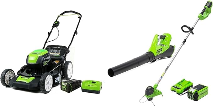 Greenworks Pro 80V 21" Brushless Cordless Lawn Mower, 4.0Ah Battery and 60 Minute Rapid Charger Included & 40V Cordless String Trimmer and Leaf Blower Combo Kit, 2.0Ah Battery and Charger Included
