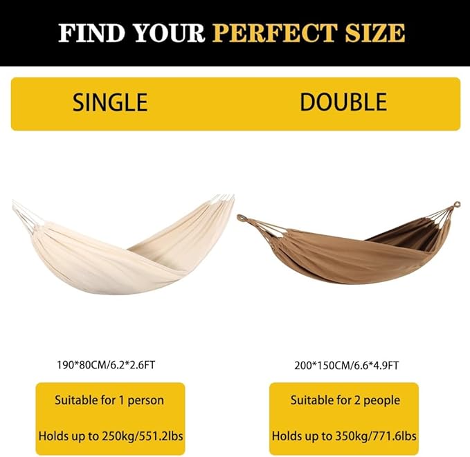 Single/Double Hammock for Outdoor, Garden Canvas Hammock Chair with Storage Bag, Multi-Scene Use, Load Bearing 250kg/350kg(Brown,6.6 * 4.9ft)